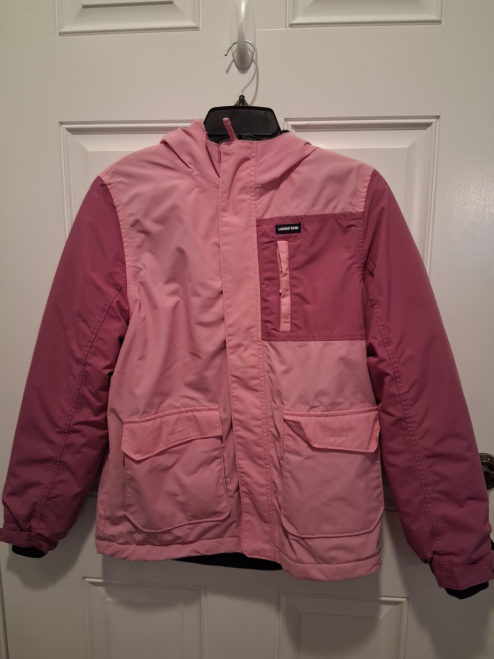 Lands' End Kids' Two-Tone Pink Hooded Puffer Jacket
